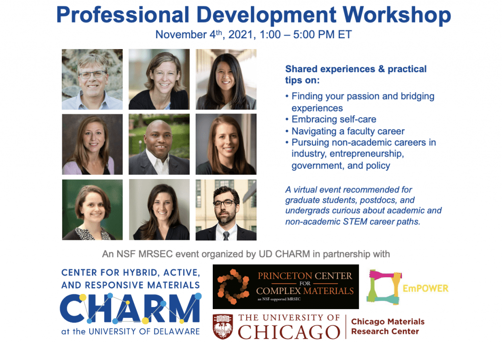 Join UD CHARM for a virtual professional development workshop on Nov 4th, 2021 in partnership with the MRSECs at Princeton and University of Chicago, and facilitation support from CBE EmPOWER.