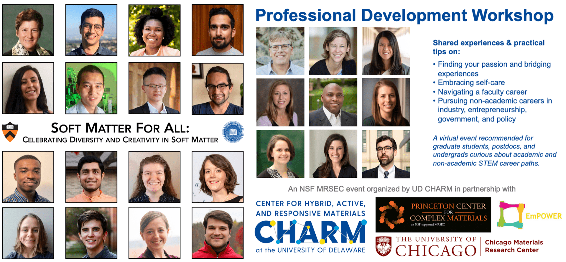 Collage of Speakers for the 2021 Soft Matter for All Symposium and Professional Development Workshop