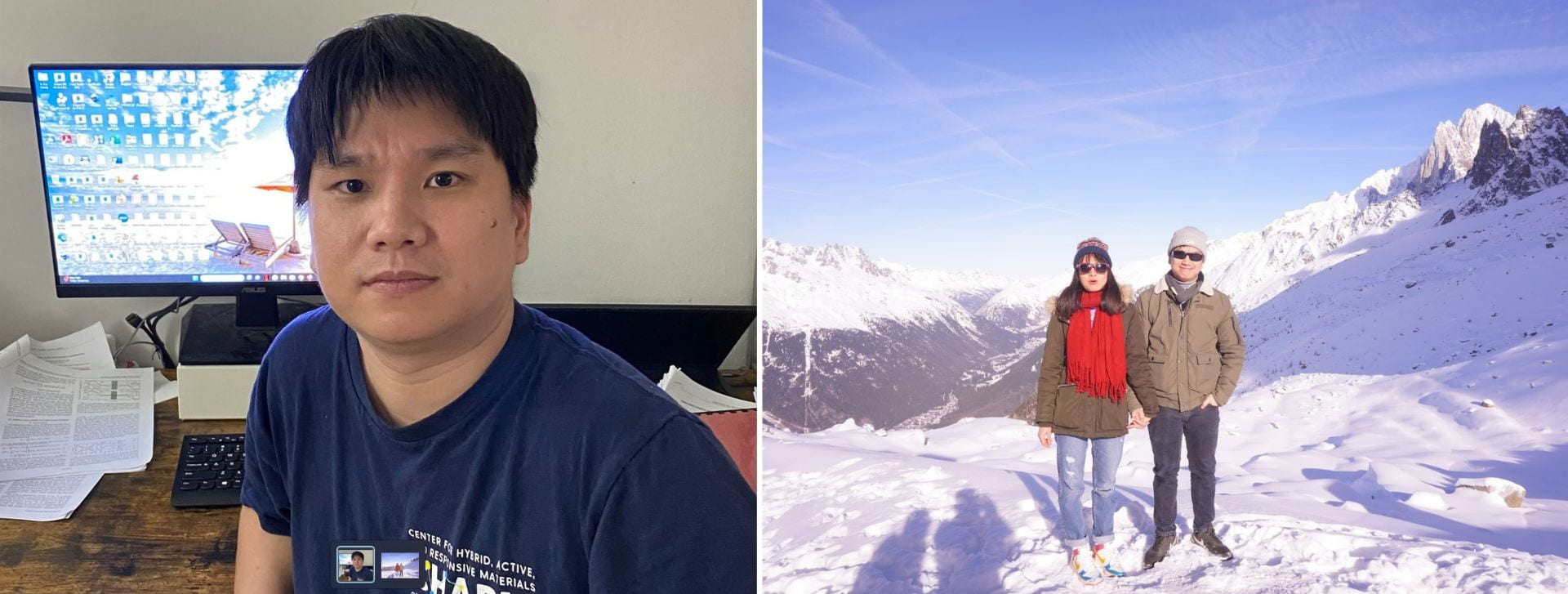 A 2-picture collage, the left image is of Dr. Quang To at his desk looking at the camera, the right is Dr. To with another person taking a picture together at the top of a snowy mountain.